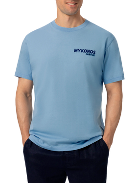 T-shirt Man in cotone con stampa cartolina Mykonos