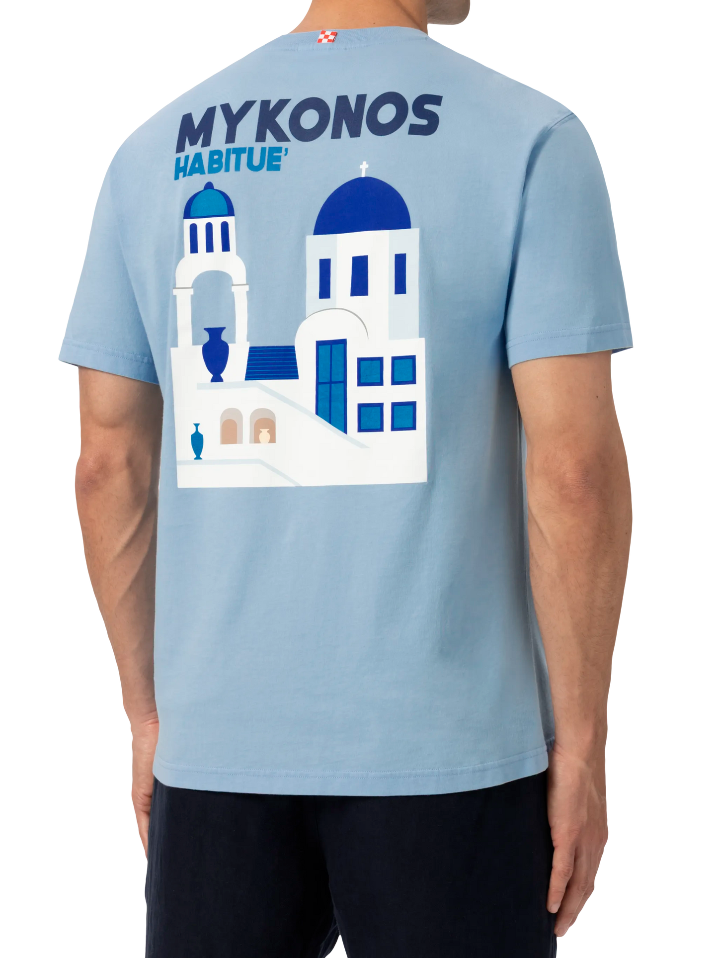 T-shirt Man in cotone con stampa cartolina Mykonos