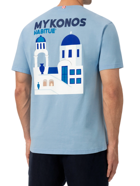 T-shirt Man in cotone con stampa cartolina Mykonos