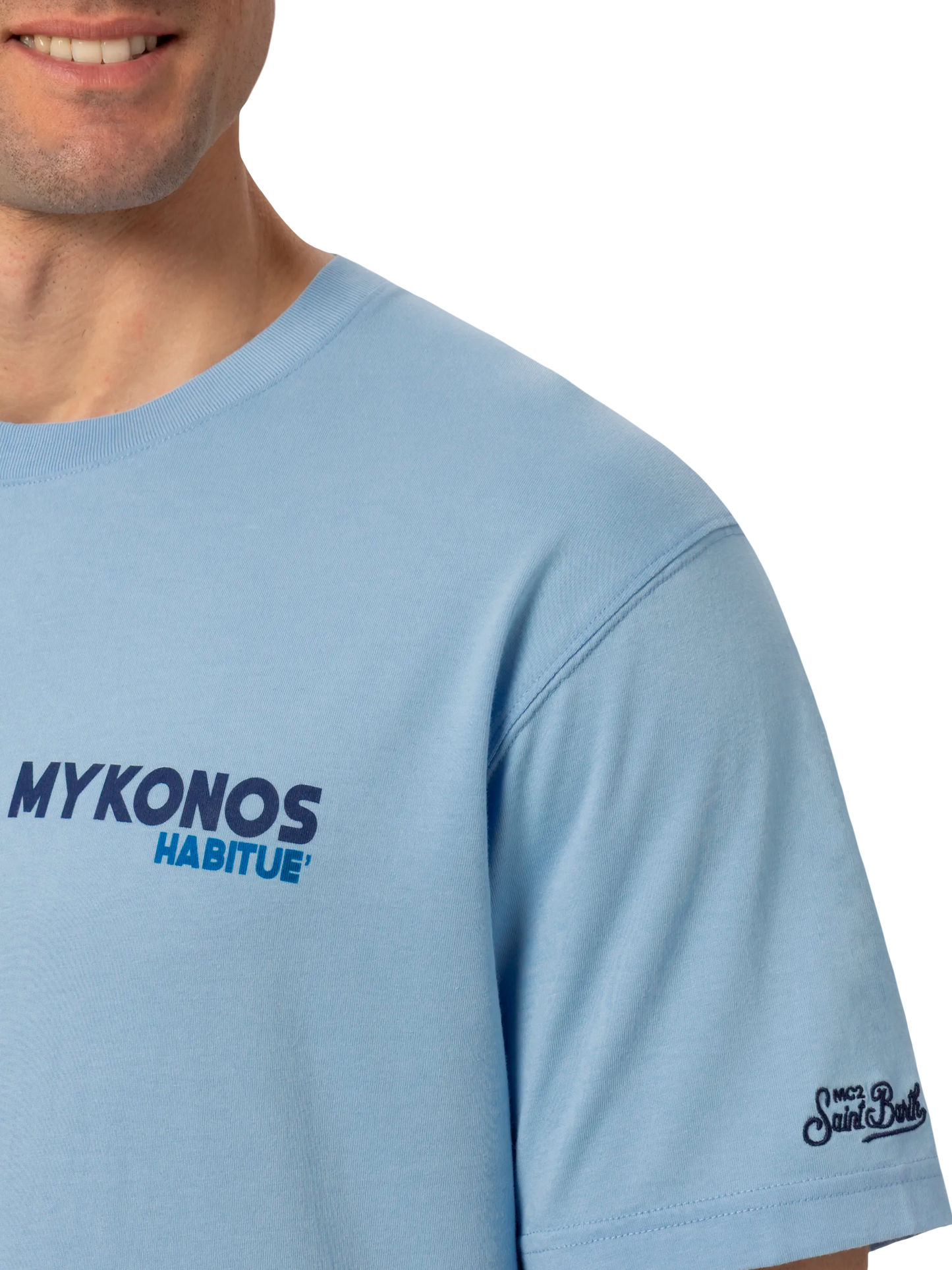 T-shirt Man in cotone con stampa cartolina Mykonos