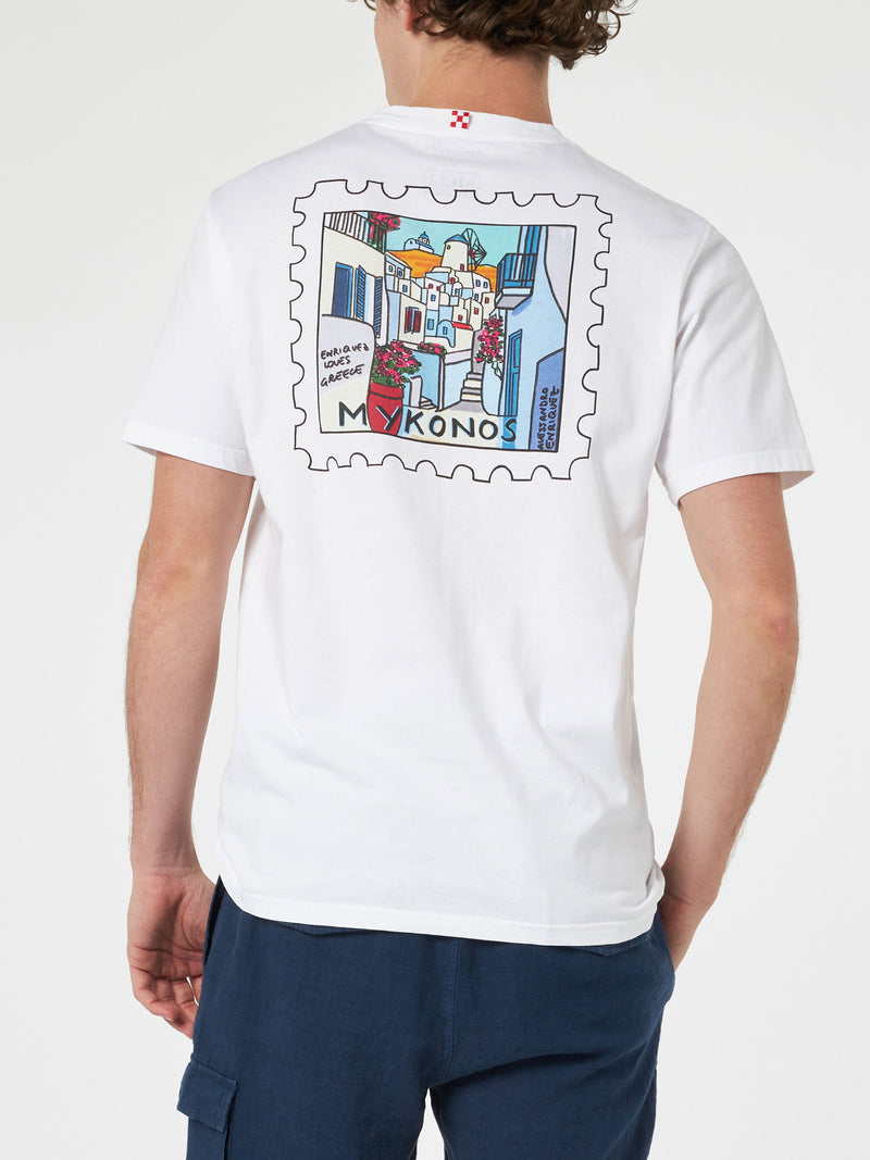 Man cotton t-shirt with Mykonos postcard front and back print | ALESSANDRO ENRIQUEZ SPECIAL EDITION