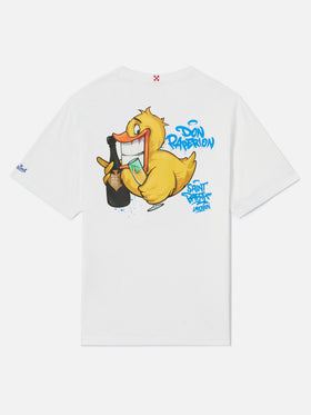 Herren-Baumwoll-T-Shirt mit platziertem Aufdruck „Cryptopuppets Ducky Bollicine“ auf Vorder- und Rückseite | CRYPTOPUPPET-SONDERAUSGABE
