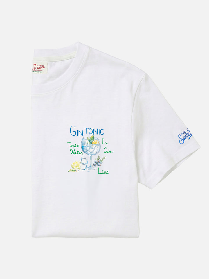 T-Shirt aus Baumwolle mit Gin-Tonic-Cocktail-Print und Stickerei 