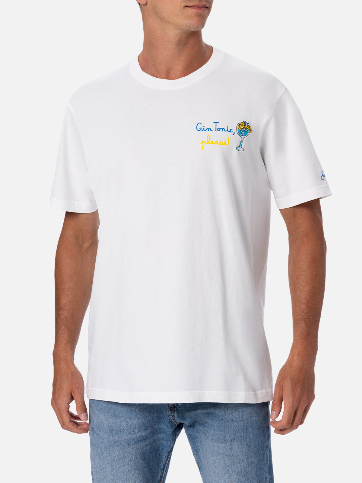 Organic cotton T-shirt with gin tonic, please! embroidery