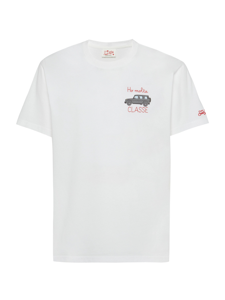 T-shirt Man in cotone con ricamo "Ho molta classe" e stampa auto