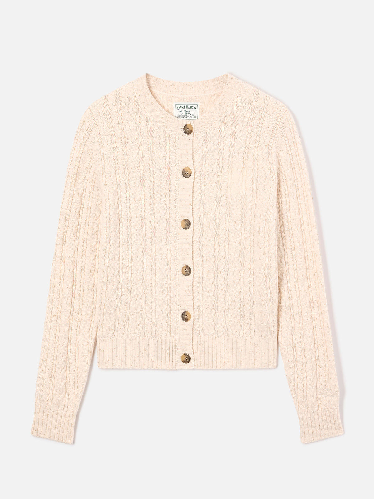 Cardigan Ursule grano in misto lana Donegal con punto trecce