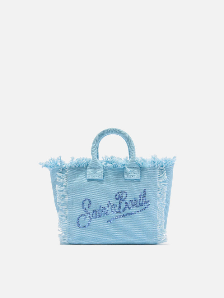 Light blue canvas Vanity mini bag with rhinestone logo