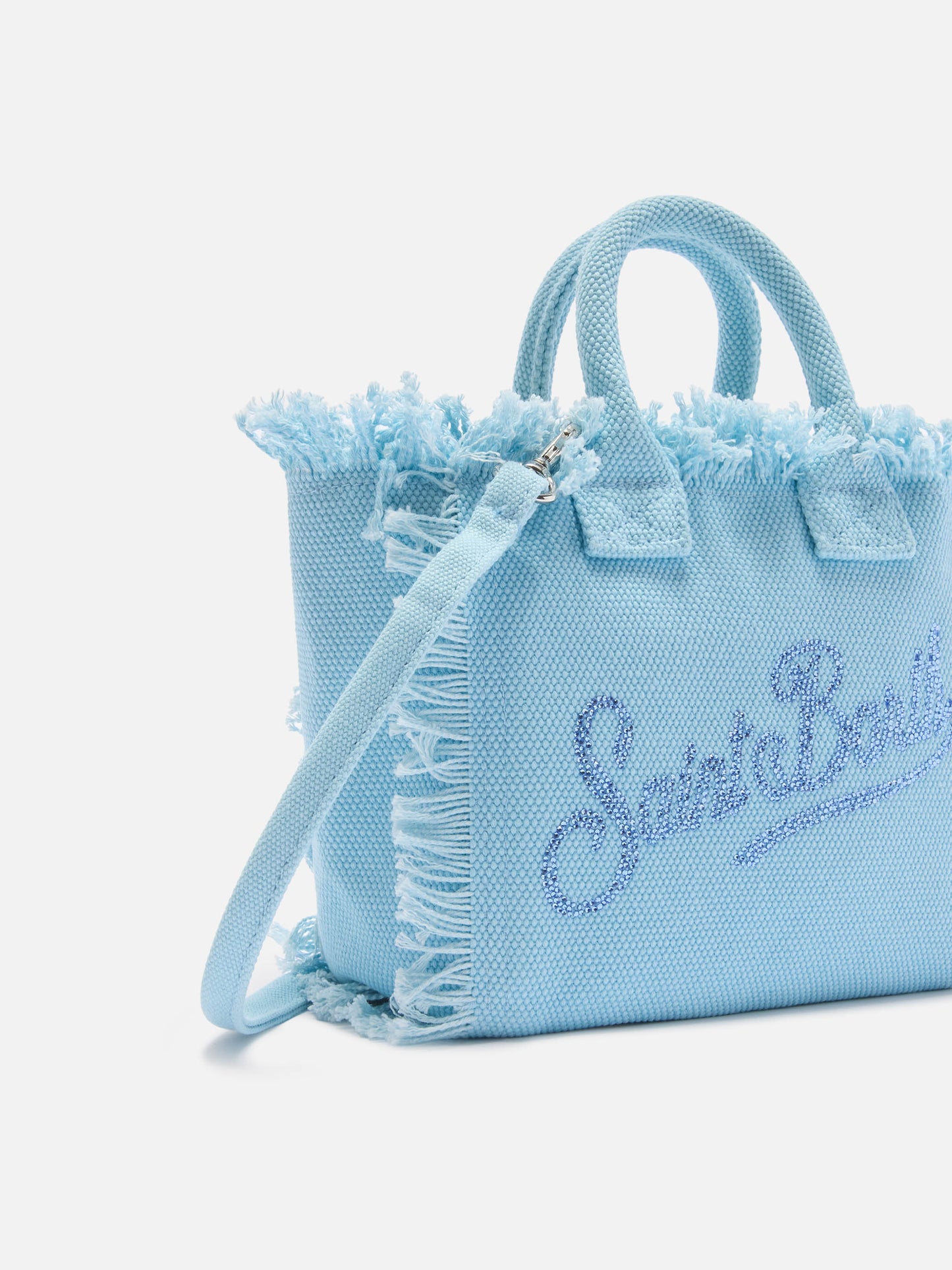 Light blue canvas Vanity mini bag with rhinestone logo