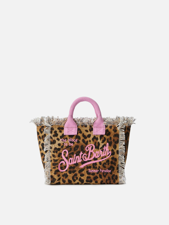 Borsa Vanity mini in canvas leopardato con dettagli rosa