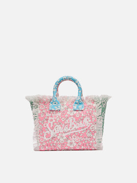 Mini-Kosmetiktasche aus Baumwollcanvas mit Blumenpatch-Print