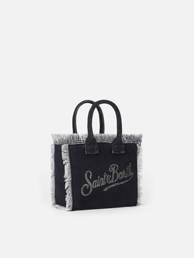 Borsa Mini Vanity in tela di cotone con logo in strass argentati