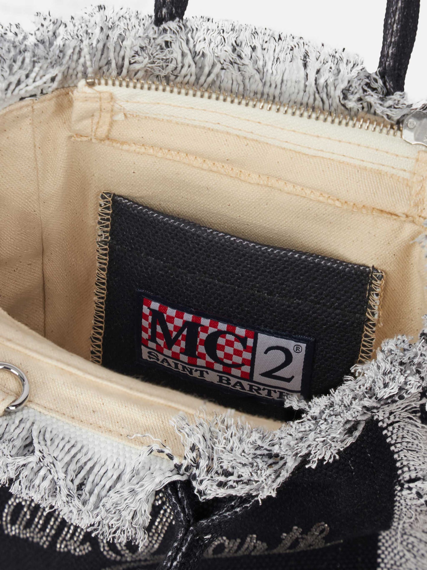 Borsa Mini Vanity in tela di cotone con logo in strass argentati