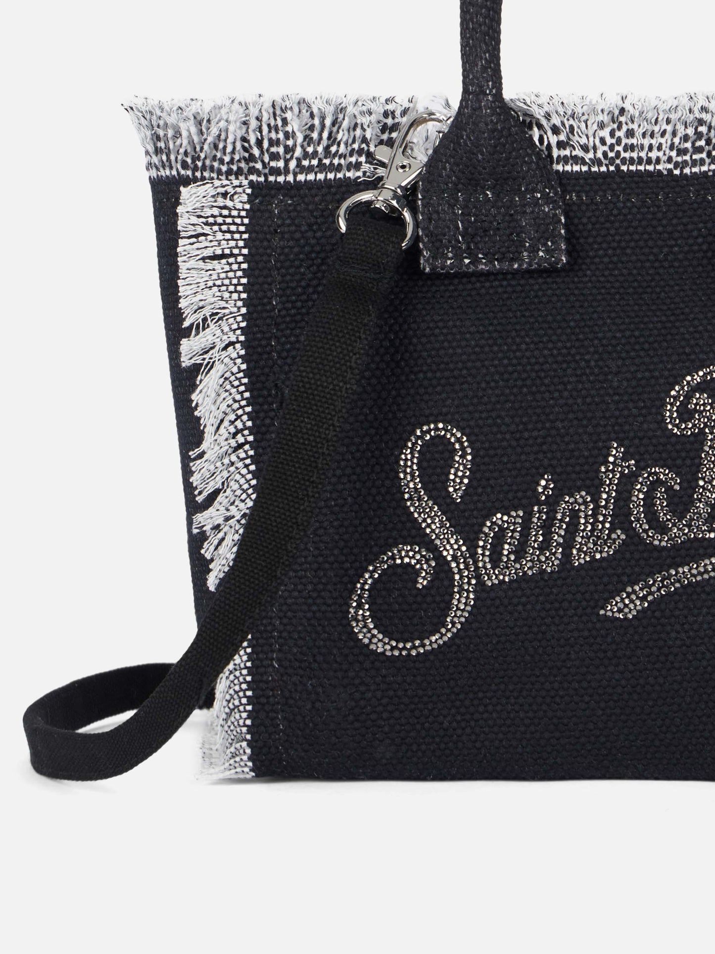 Borsa Mini Vanity in tela di cotone con logo in strass argentati