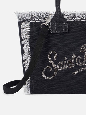 Borsa Mini Vanity in tela di cotone con logo in strass argentati