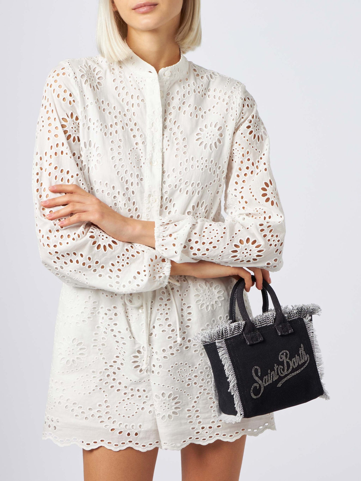 Borsa Mini Vanity in tela di cotone con logo in strass argentati