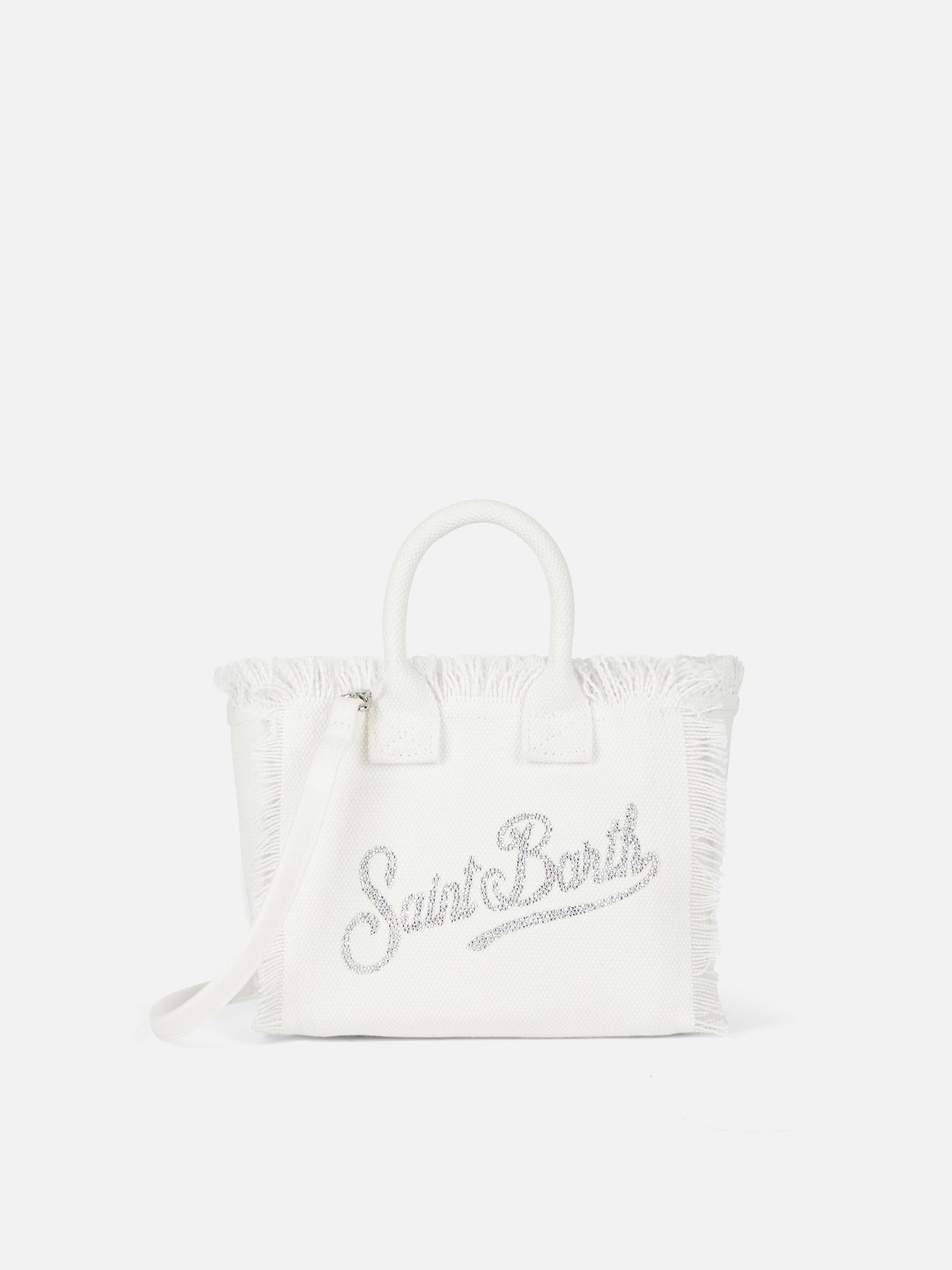 White cotton canvas Vanity mini handbag with rhinestones