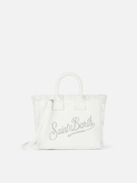 White cotton canvas Vanity mini handbag with rhinestones