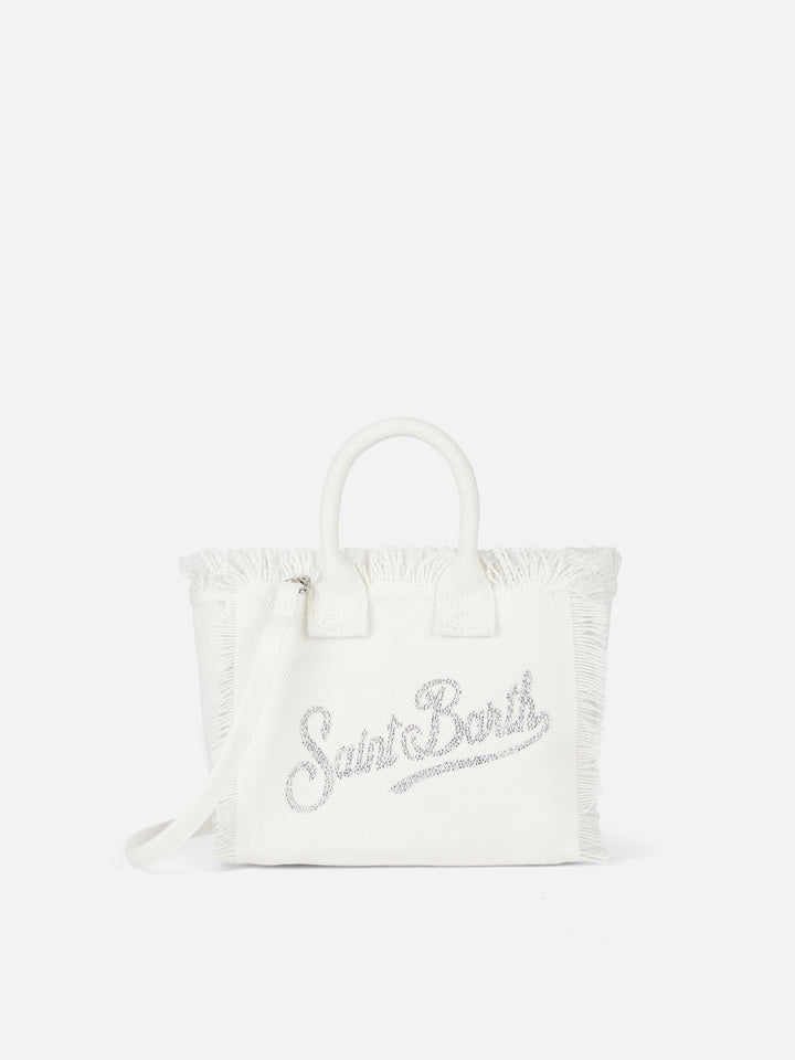 White cotton canvas Vanity mini handbag with rhinestones