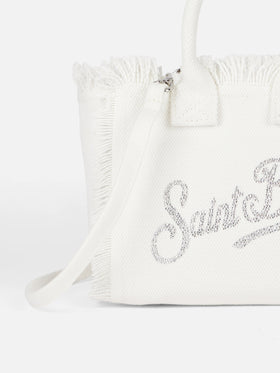 White cotton canvas Vanity mini handbag with rhinestones