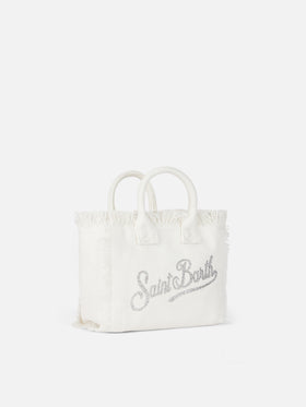 White cotton canvas Vanity mini handbag with rhinestones