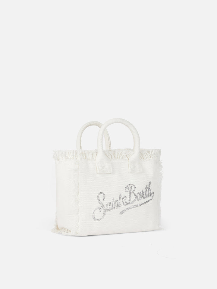 White cotton canvas Vanity mini handbag with rhinestones