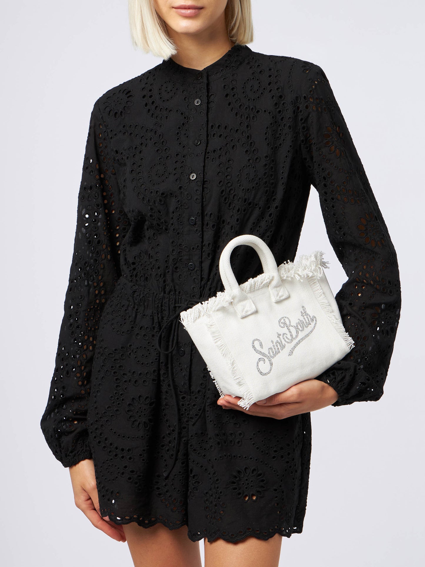 White cotton canvas Vanity mini handbag with rhinestones