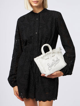 White cotton canvas Vanity mini handbag with rhinestones