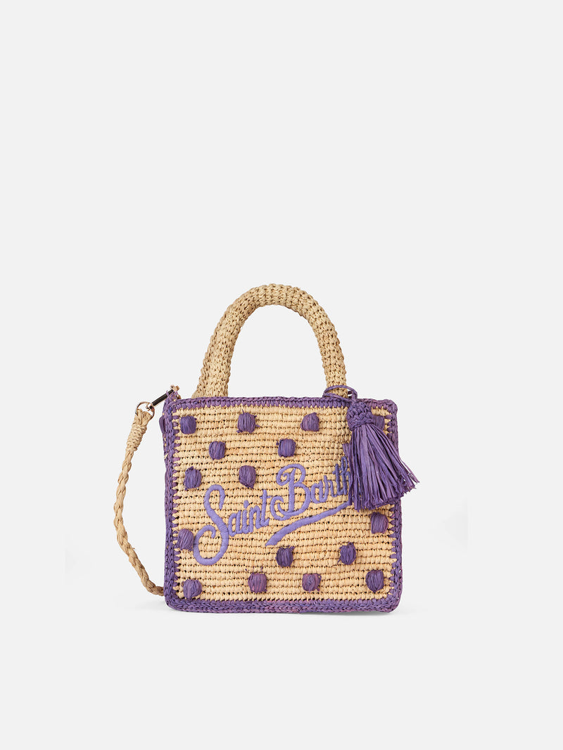 Beige natural Mini Vanity Raffia bag with polka dot appliqués