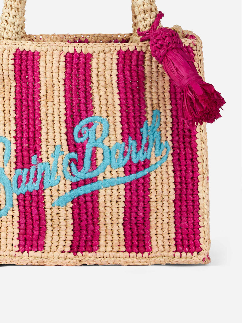 Borsa Mini Vanity Raffia a righe fucsia con ricami