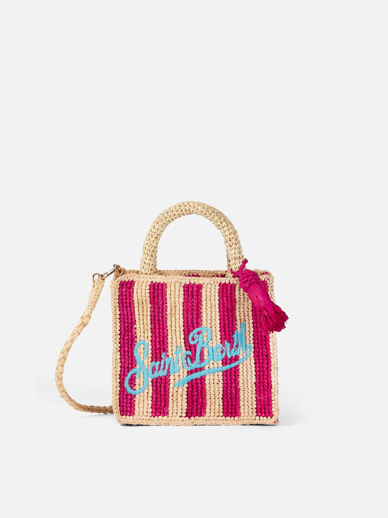 Borsa Mini Vanity Raffia a righe fucsia con ricami