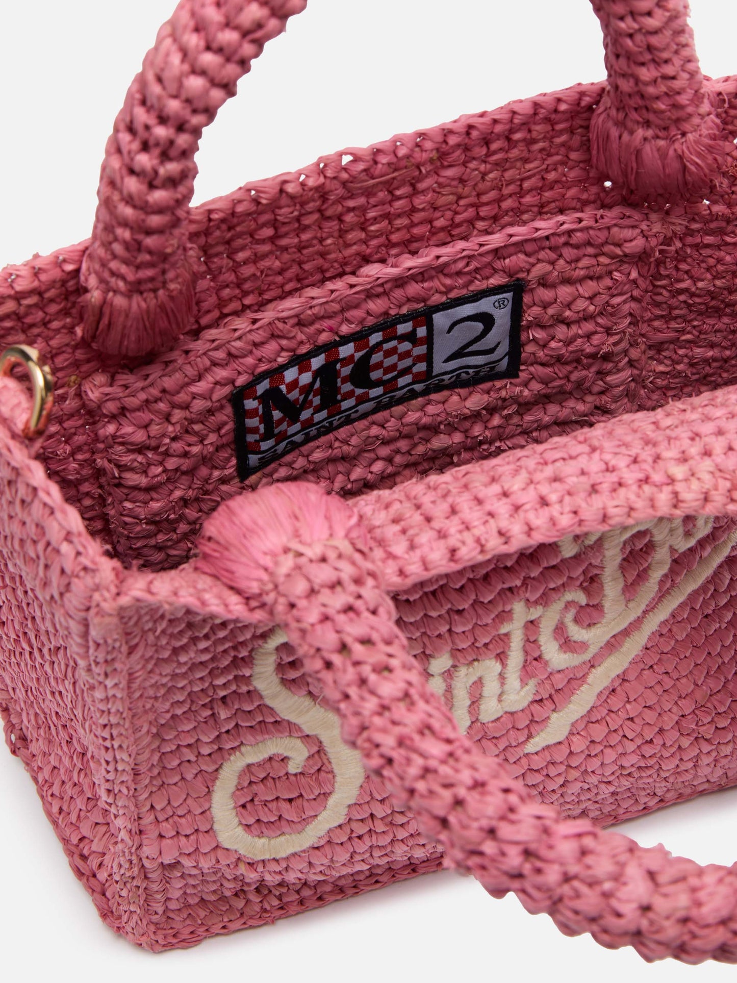 Pink Mini Vanity Raffia bag with Saint Barth embroidery