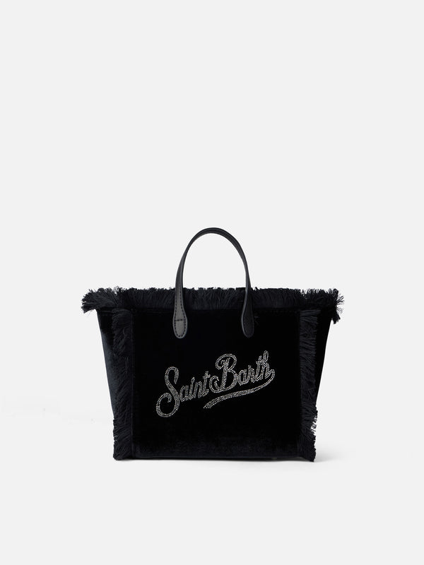 Mini Vanity black velvet handbag with Saint Barth rhinestones logo