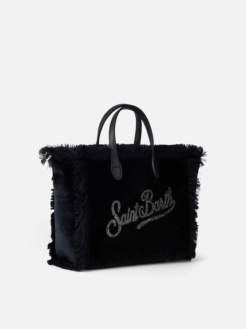 Mini Vanity black velvet handbag with Saint Barth rhinestones logo