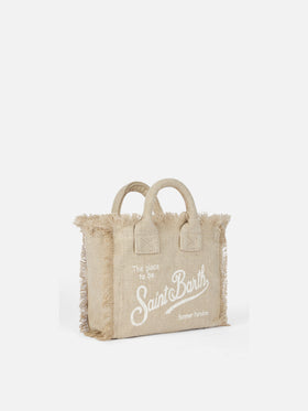 Borsa Vanity mini in lino beige tinta unita con tracolla removibile