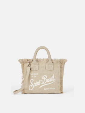 Borsa Vanity mini in lino beige tinta unita con tracolla removibile