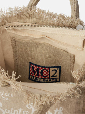 Borsa Vanity mini in lino beige tinta unita con tracolla removibile