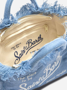 Blue solid color linen Vanity mini bag with removable strap