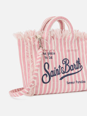 Borsa Vanity in lino a righe fini rosa e bianche