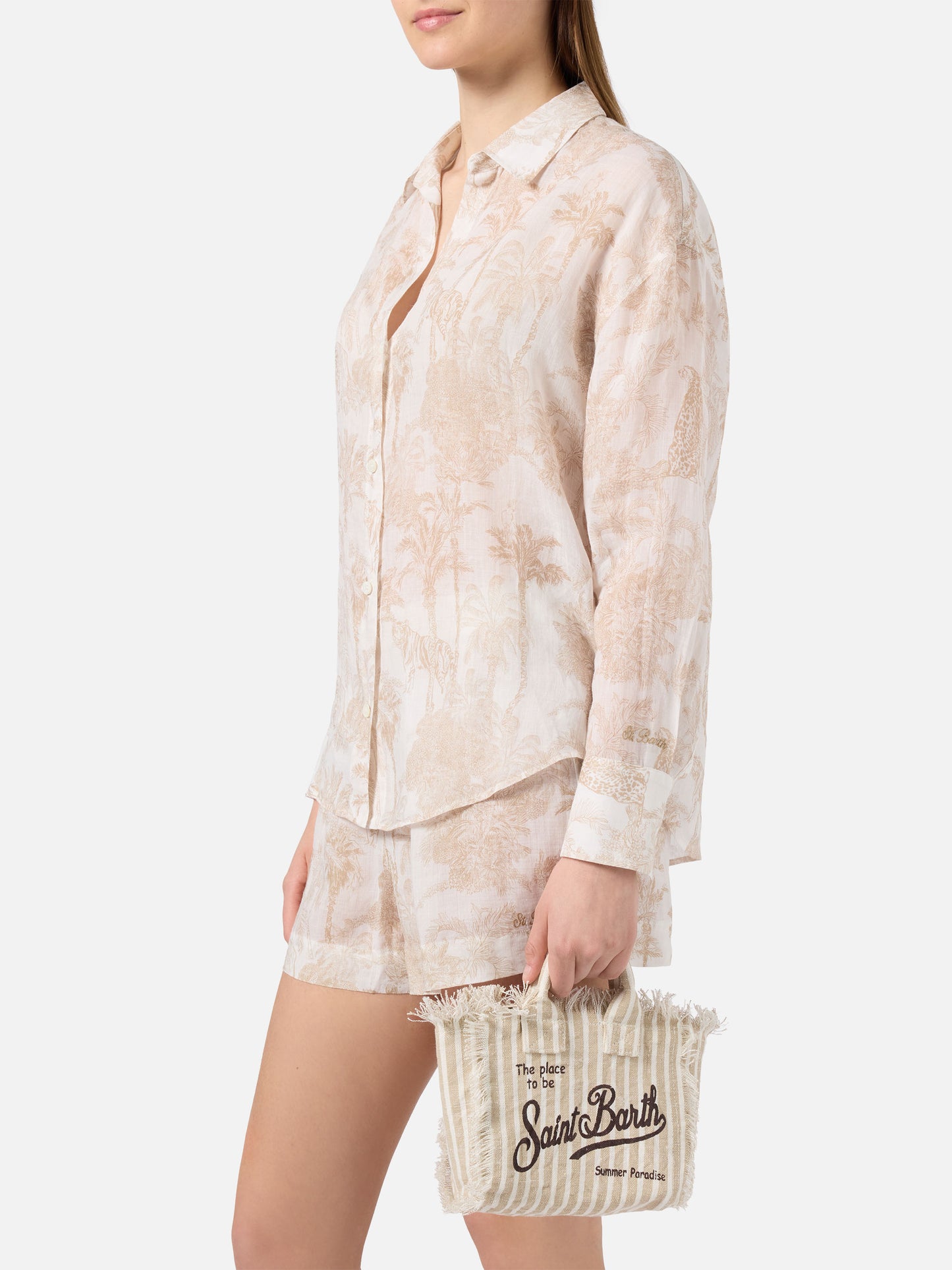 Borsa Vanity in lino a righe fini marroni e bianche