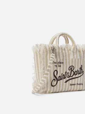 Borsa Vanity in lino a righe fini marroni e bianche