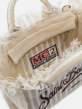 Borsa Vanity in lino a righe fini marroni e bianche