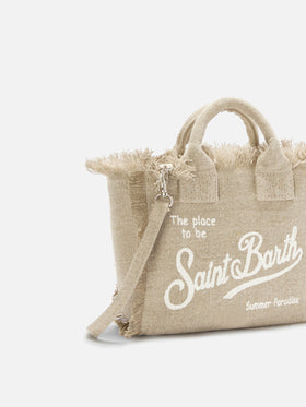 Borsa Vanity mini in lino beige tinta unita con tracolla removibile