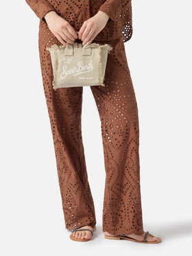 Borsa Vanity mini in lino beige tinta unita con tracolla removibile