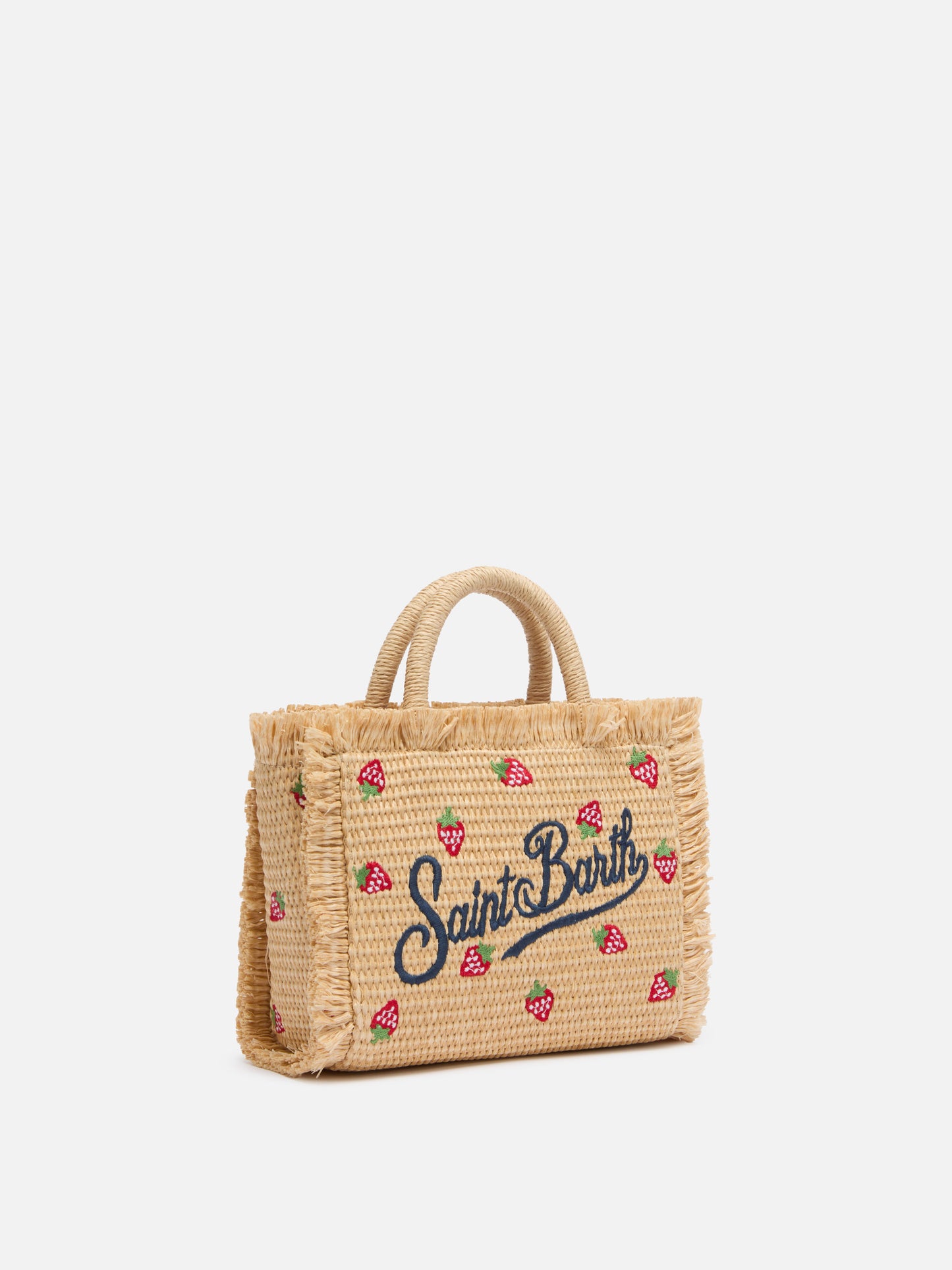 Mini Vanity Straw effect bag with strawberry patch applied