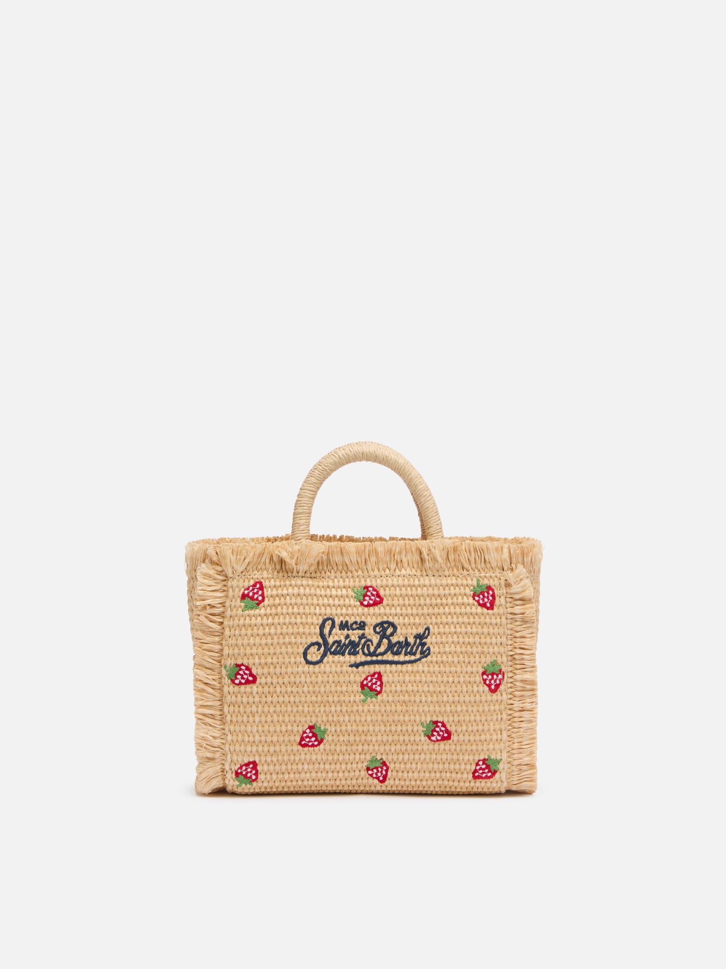 Mini Vanity Straw effect bag with strawberry patch applied