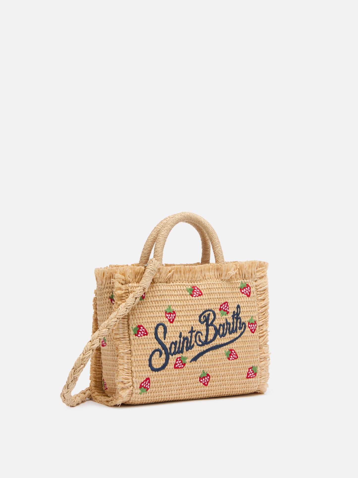 Mini Vanity Straw effect bag with strawberry patch applied
