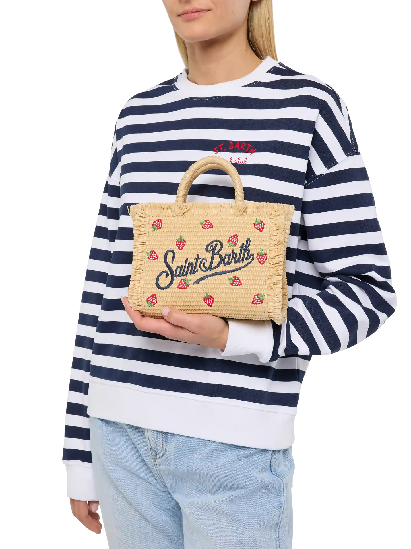 Mini Vanity Straw effect bag with strawberry patch applied