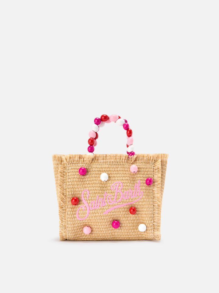 Vanity mini straw effect bag with beaded handle