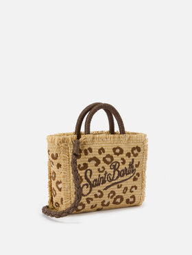 Vanity mini straw effect bag with leopard embroidery