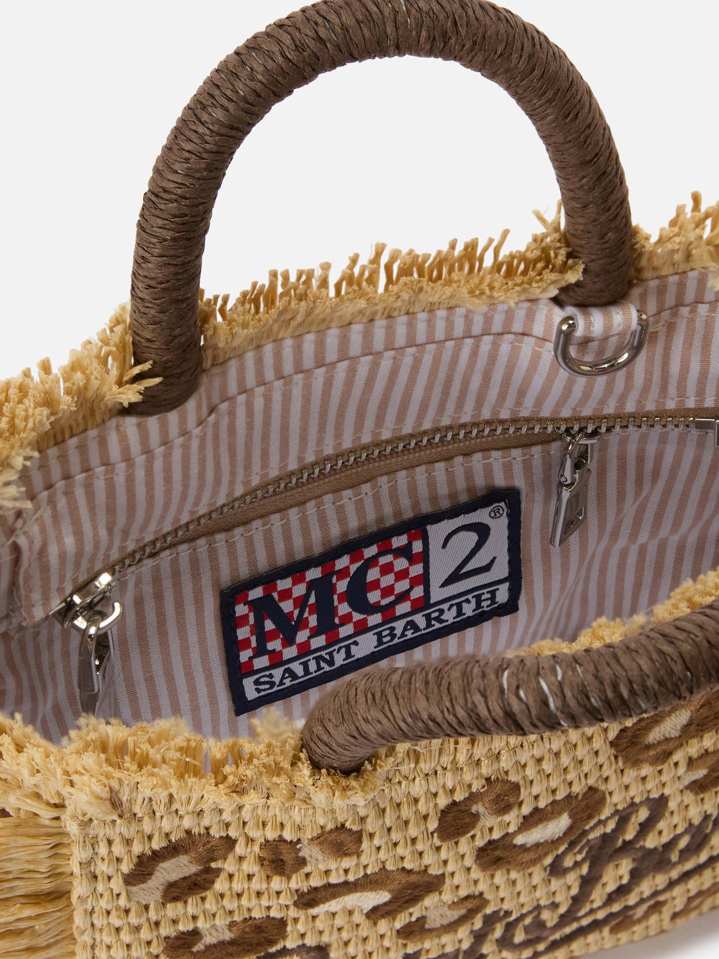 Colette straw effect bag with leopard embroidery